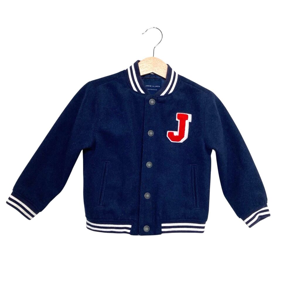 Janie and Jack Boys 2T Navy Blue Varsity Jacket Chenille 'J' Patch Red Snap Logo